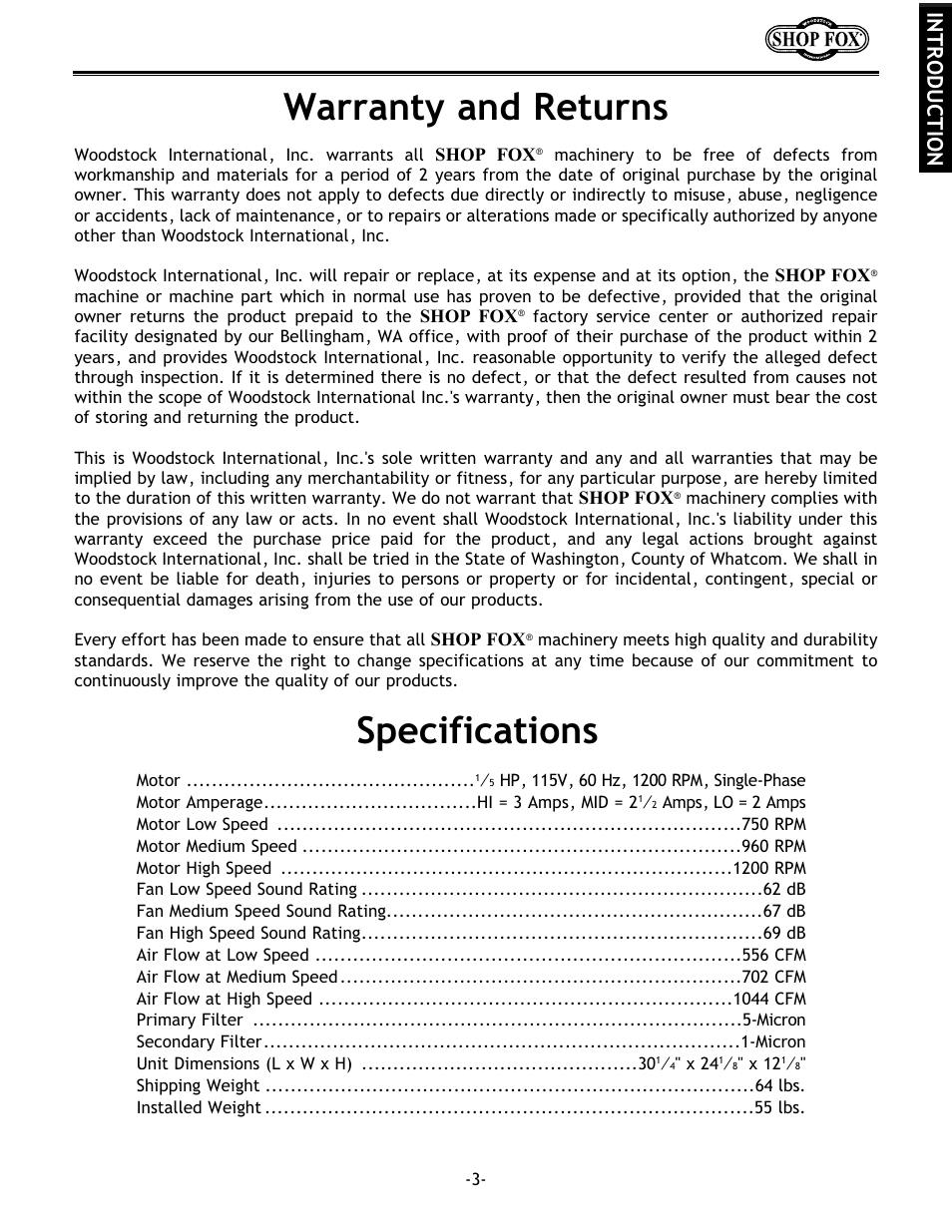 Warranty and returns, Specifications, Introduction | Woodstock W1690 User Manual | Page 5 / 24