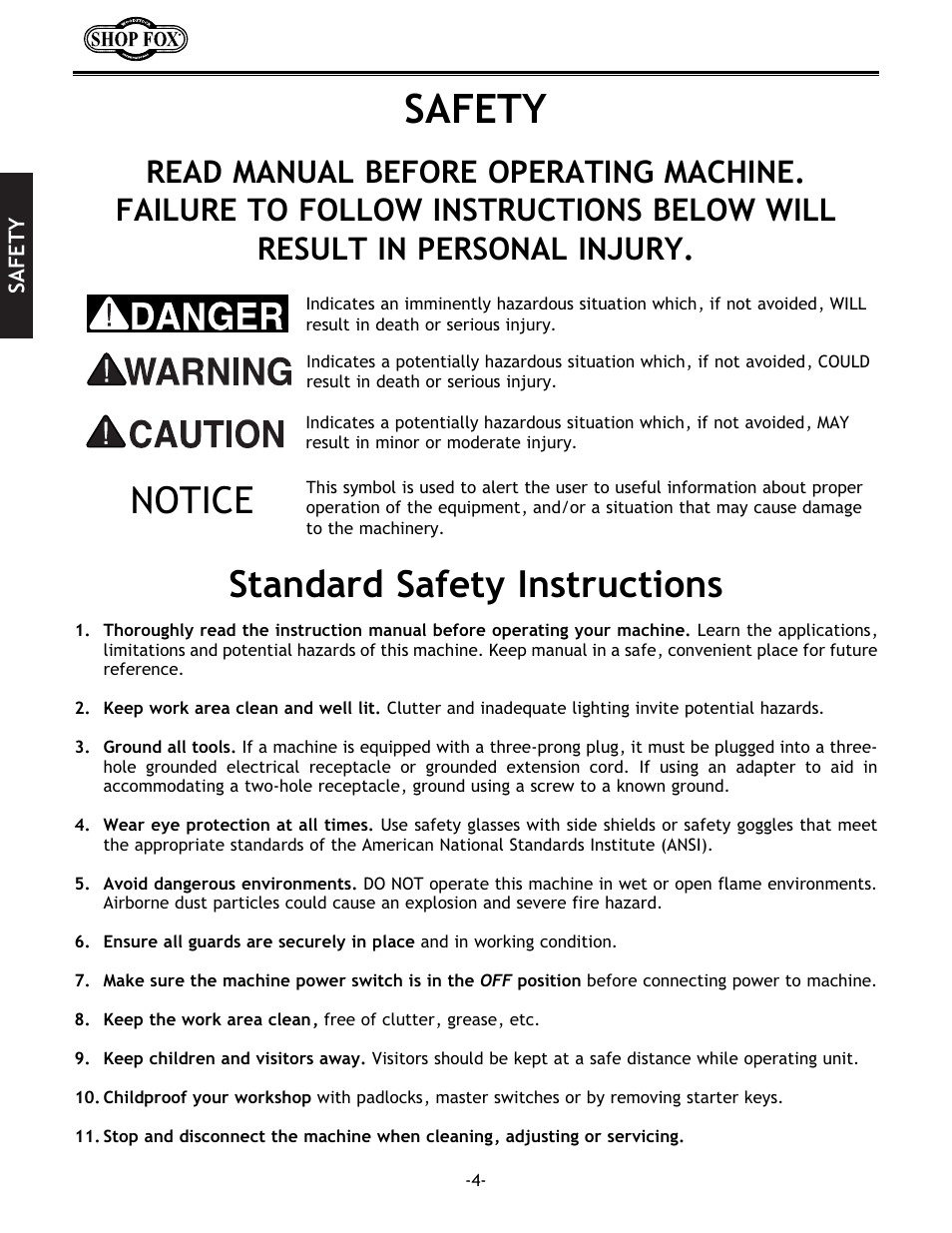 Safety, Standard safety instructions, Notice | Woodstock W1690 User Manual | Page 6 / 24