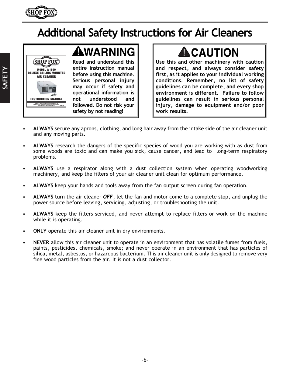 Additional safety instructions for air cleaners, Safety | Woodstock W1690 User Manual | Page 8 / 24