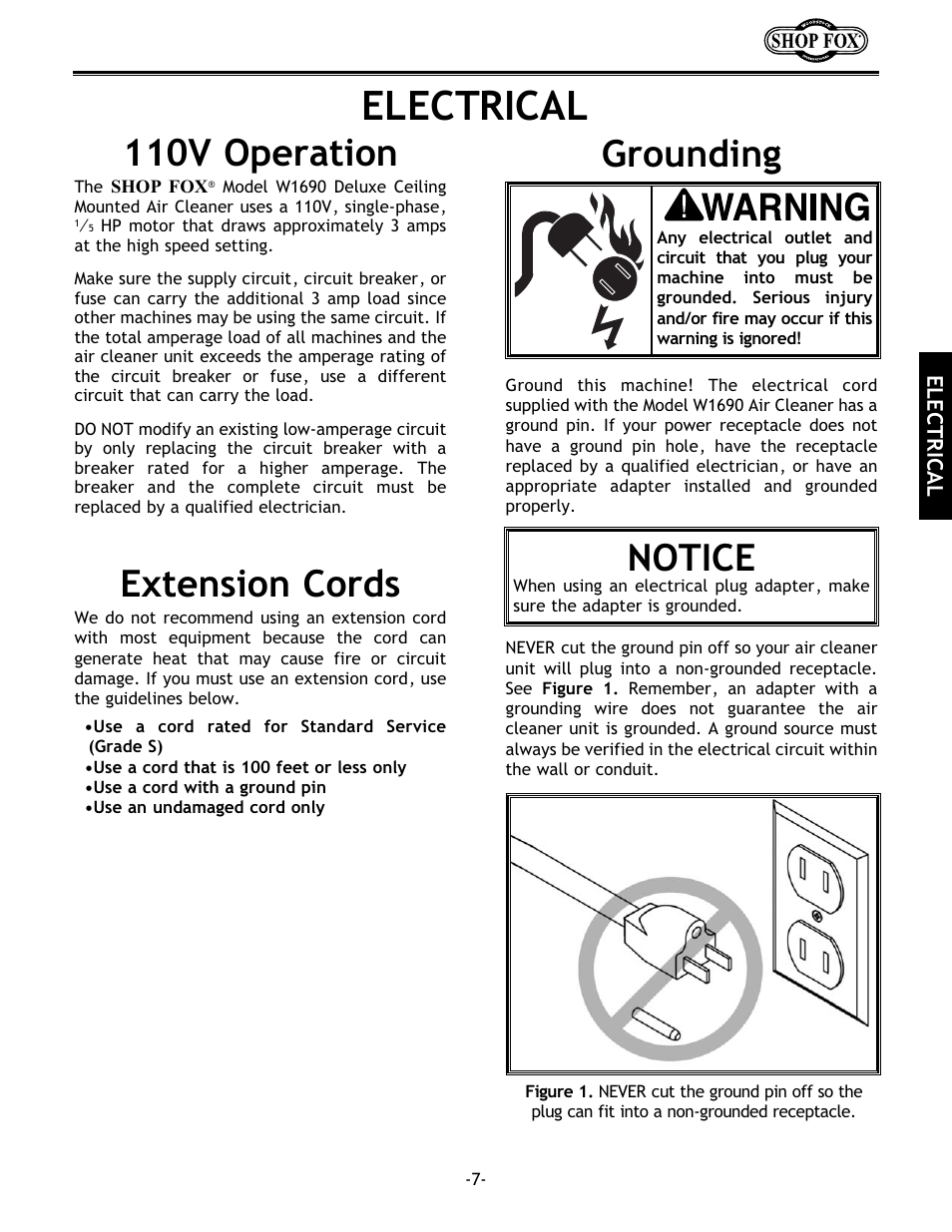 Electrical, Extension cords 110v operation, Grounding | Notice | Woodstock W1690 User Manual | Page 9 / 24