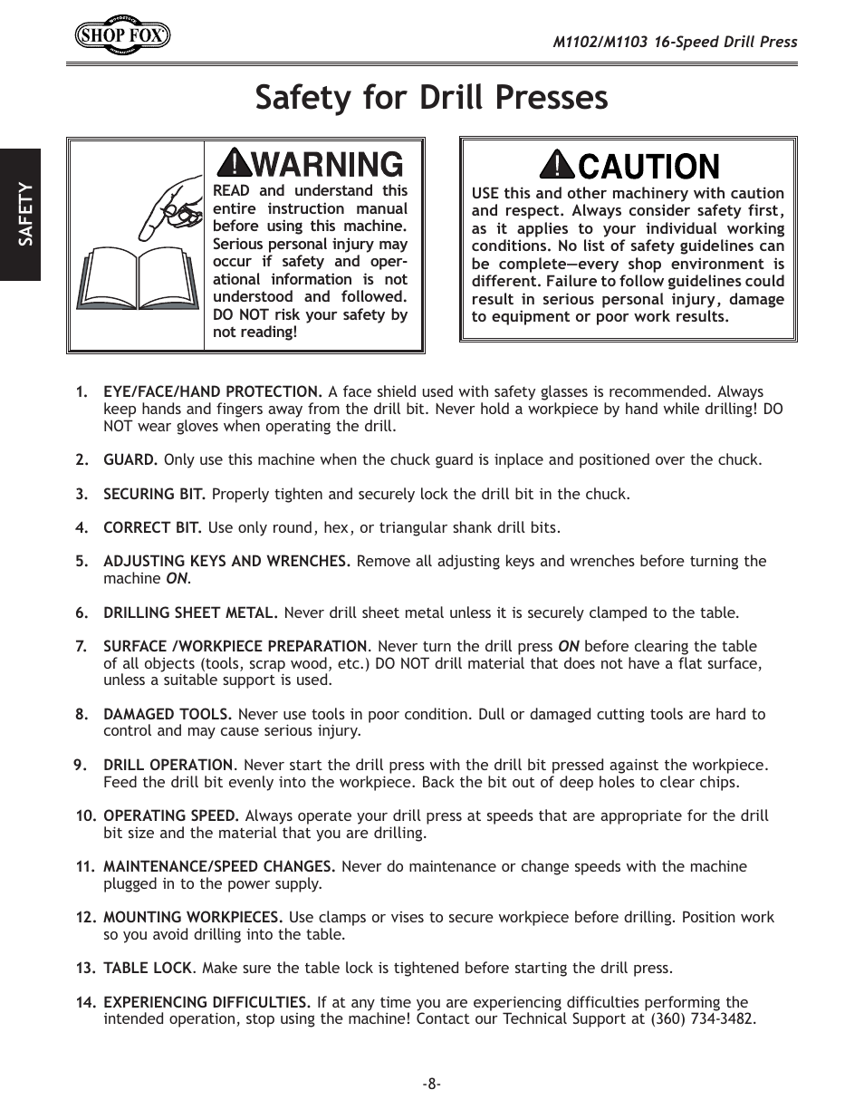 Safety for drill presses | Woodstock SHOP FOX M1102 User Manual | Page 10 / 44