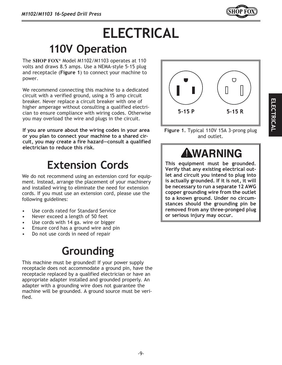 Electrical, 110v operation, Extension cords grounding | Woodstock SHOP FOX M1102 User Manual | Page 11 / 44