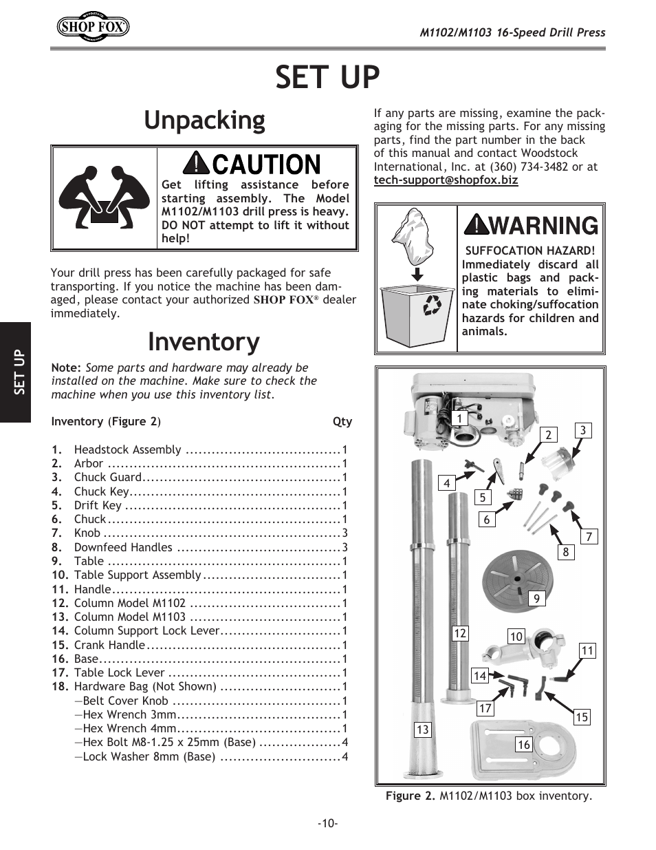 Set up, Unpacking, Inventory | Woodstock SHOP FOX M1102 User Manual | Page 12 / 44