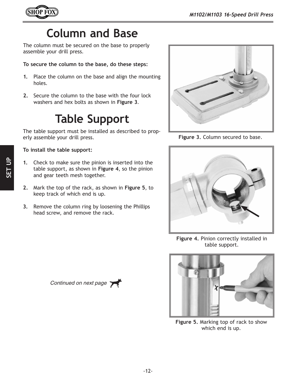 Table support, Column and base | Woodstock SHOP FOX M1102 User Manual | Page 14 / 44