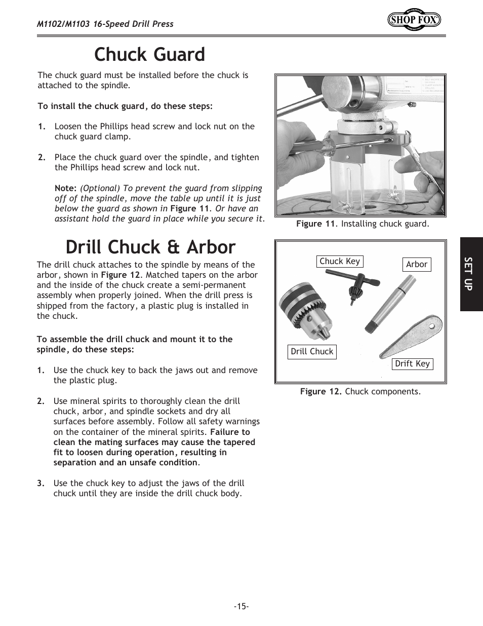 Drill chuck & arbor, Chuck guard | Woodstock SHOP FOX M1102 User Manual | Page 17 / 44