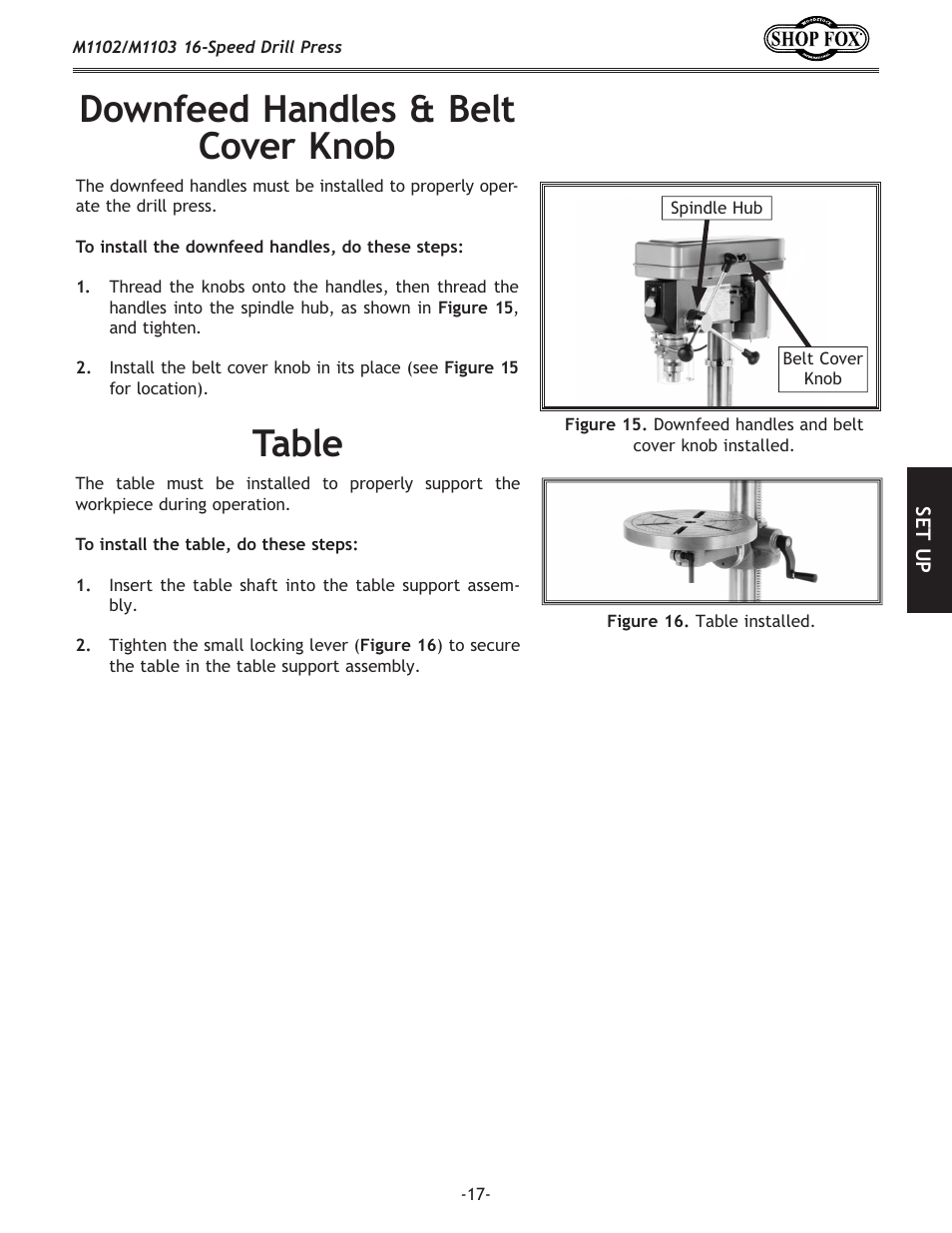 Downfeed handles & belt cover knob, Table | Woodstock SHOP FOX M1102 User Manual | Page 19 / 44