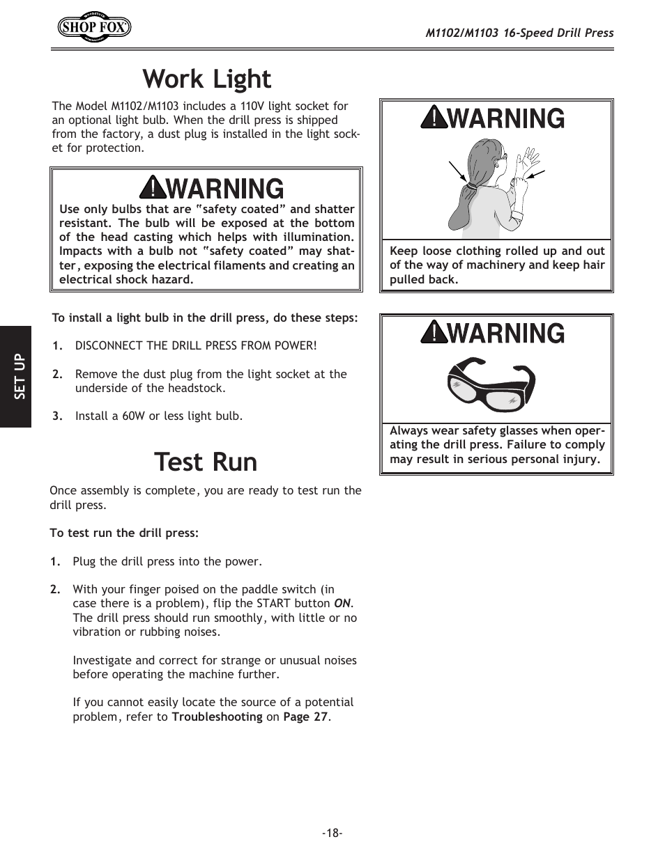 Work light test run | Woodstock SHOP FOX M1102 User Manual | Page 20 / 44