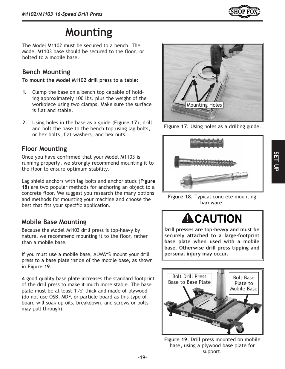 Mounting, Bench mounting, Floor mounting | Mobile base mounting | Woodstock SHOP FOX M1102 User Manual | Page 21 / 44