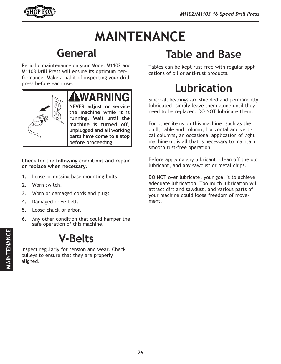 Maintenance, V-belts, Table and base lubrication general | Woodstock SHOP FOX M1102 User Manual | Page 28 / 44