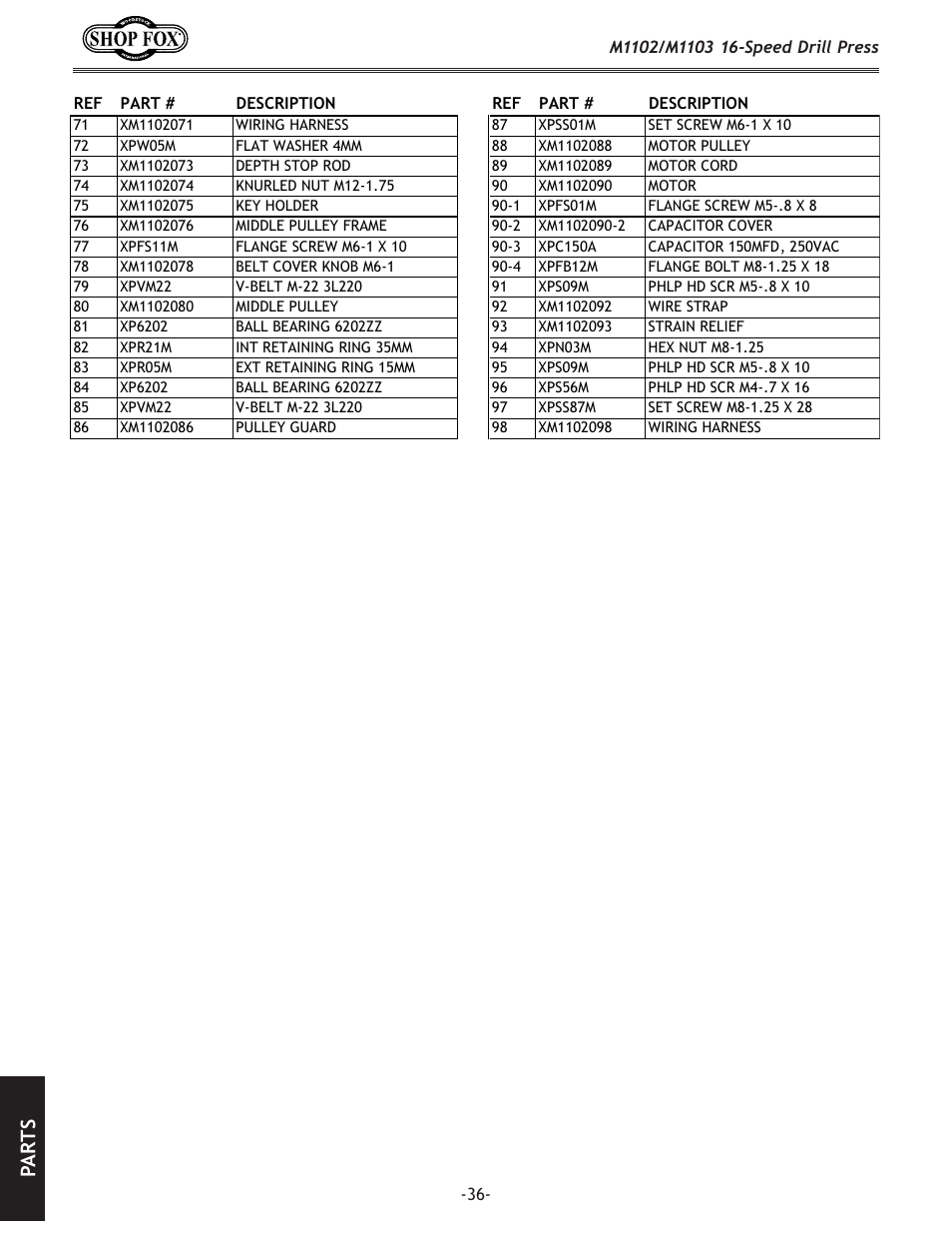 Pa rt s | Woodstock SHOP FOX M1102 User Manual | Page 38 / 44