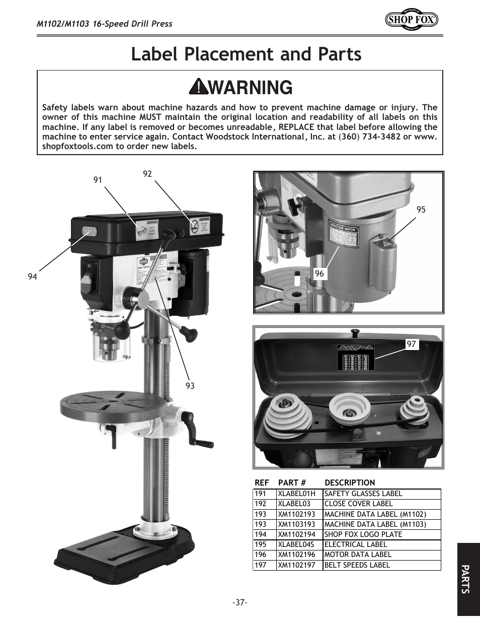 Label placement and parts, Pa rt s | Woodstock SHOP FOX M1102 User Manual | Page 39 / 44