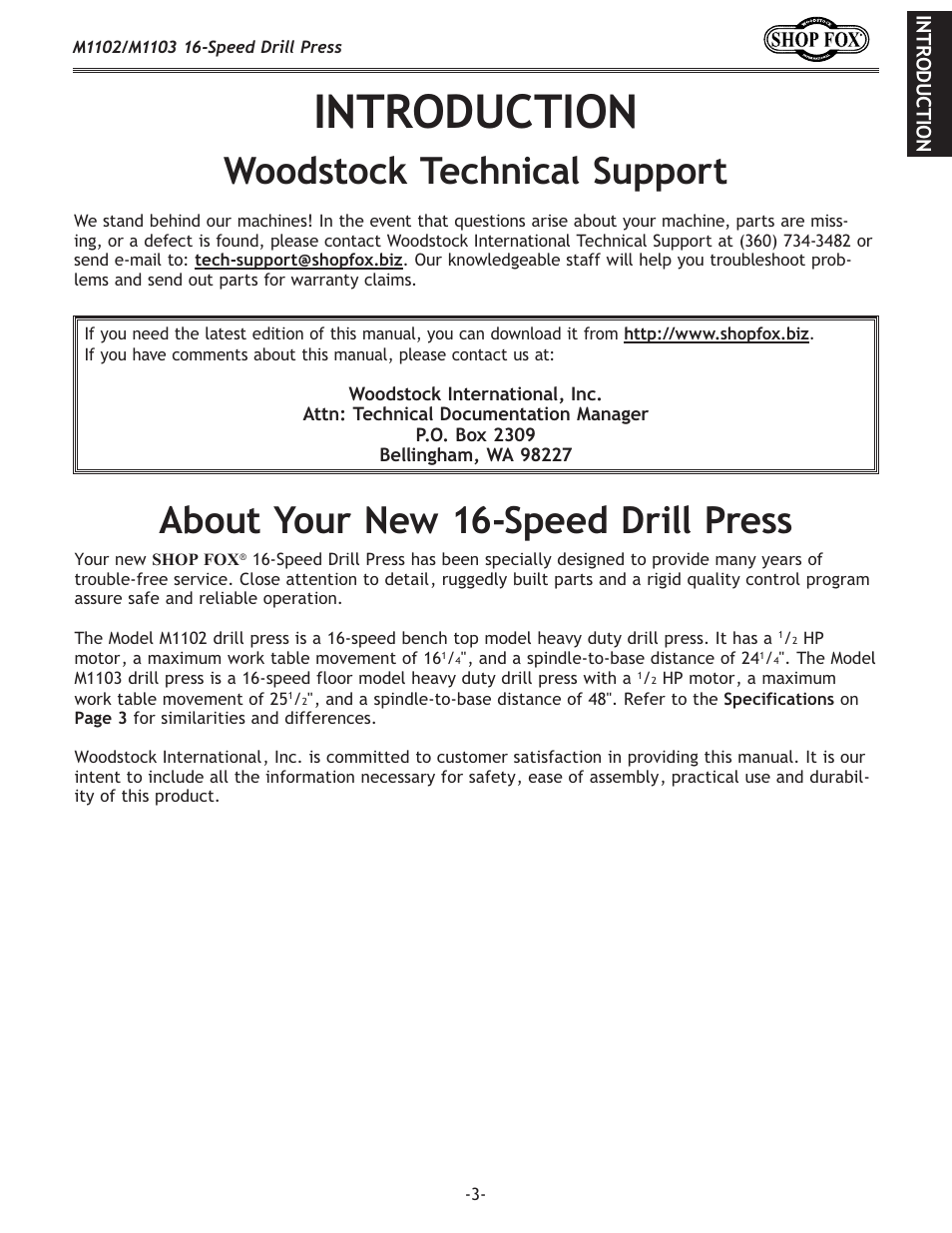 Introduction, Woodstock technical support, About your new 16-speed drill press | Woodstock SHOP FOX M1102 User Manual | Page 5 / 44