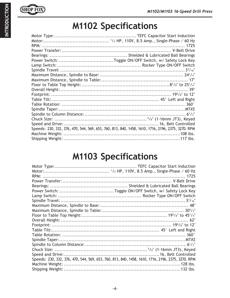 M1102 specifications, M1103 specifications | Woodstock SHOP FOX M1102 User Manual | Page 6 / 44