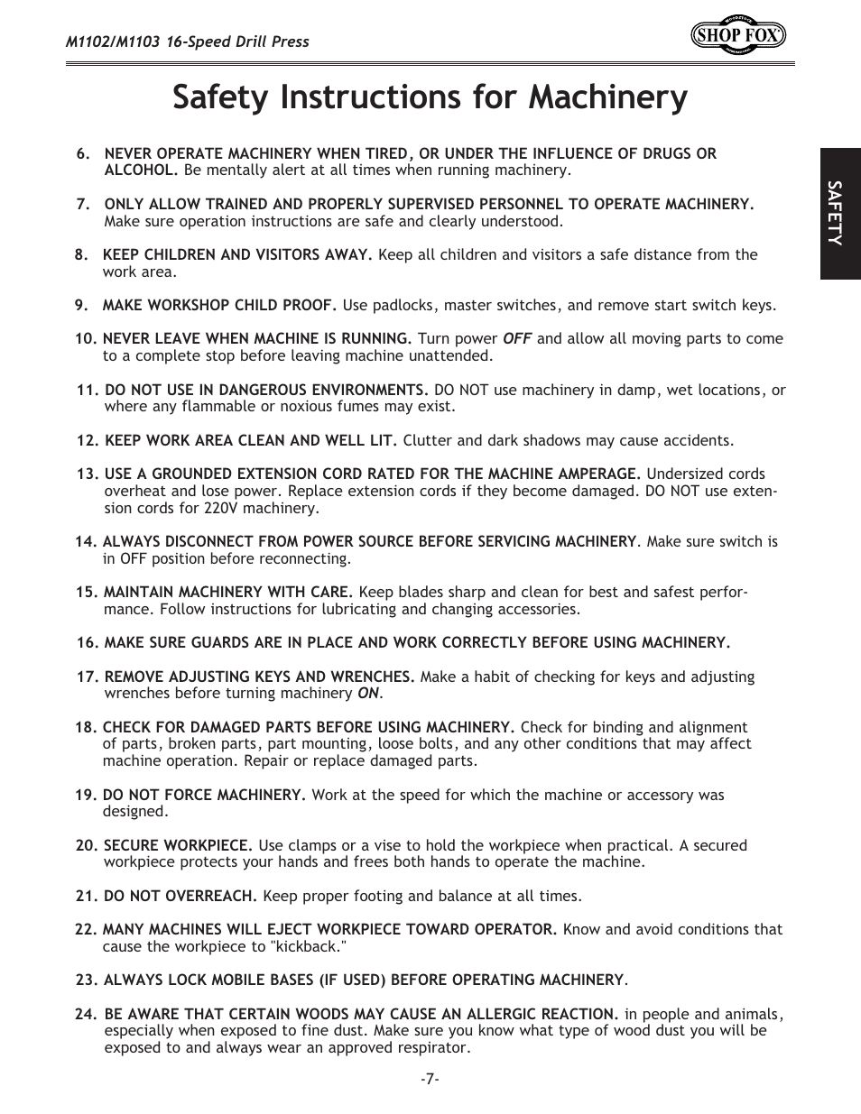 Safety instructions for machinery | Woodstock SHOP FOX M1102 User Manual | Page 9 / 44