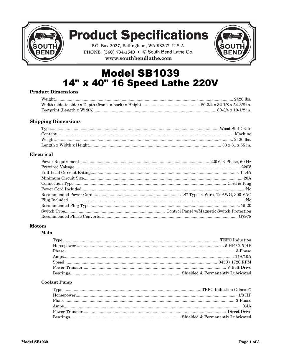 Woodstock SB1039 User Manual | 3 pages