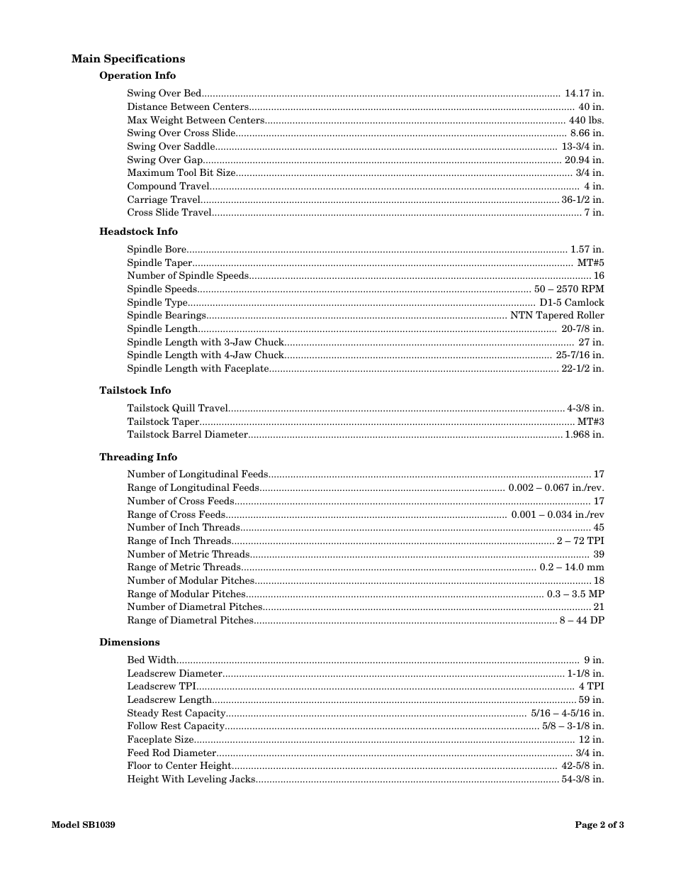 Main specifications | Woodstock SB1039 User Manual | Page 2 / 3