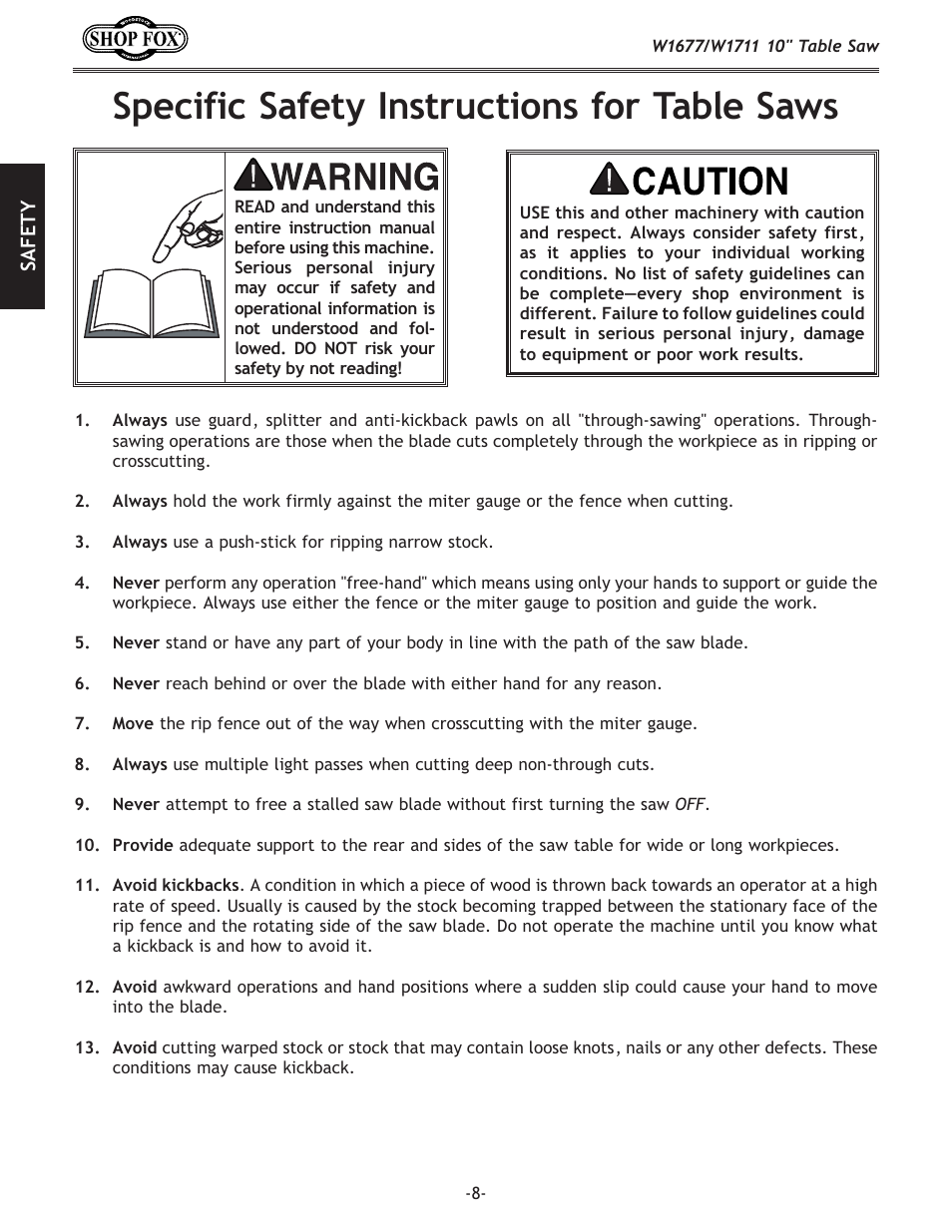 Specific safety instructions for table saws | Woodstock SHOP FOX W1677 User Manual | Page 10 / 64