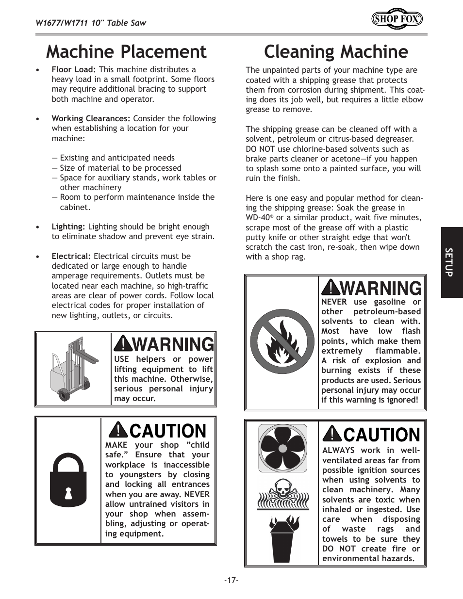 Cleaning machine, Machine placement | Woodstock SHOP FOX W1677 User Manual | Page 19 / 64