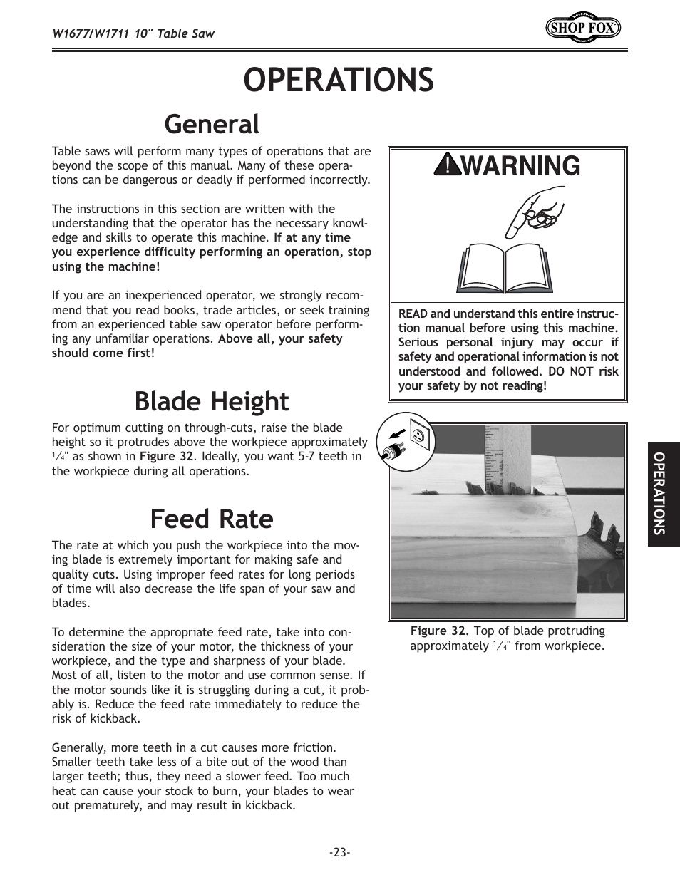 Operations, General, Blade height | Feed rate | Woodstock SHOP FOX W1677 User Manual | Page 25 / 64