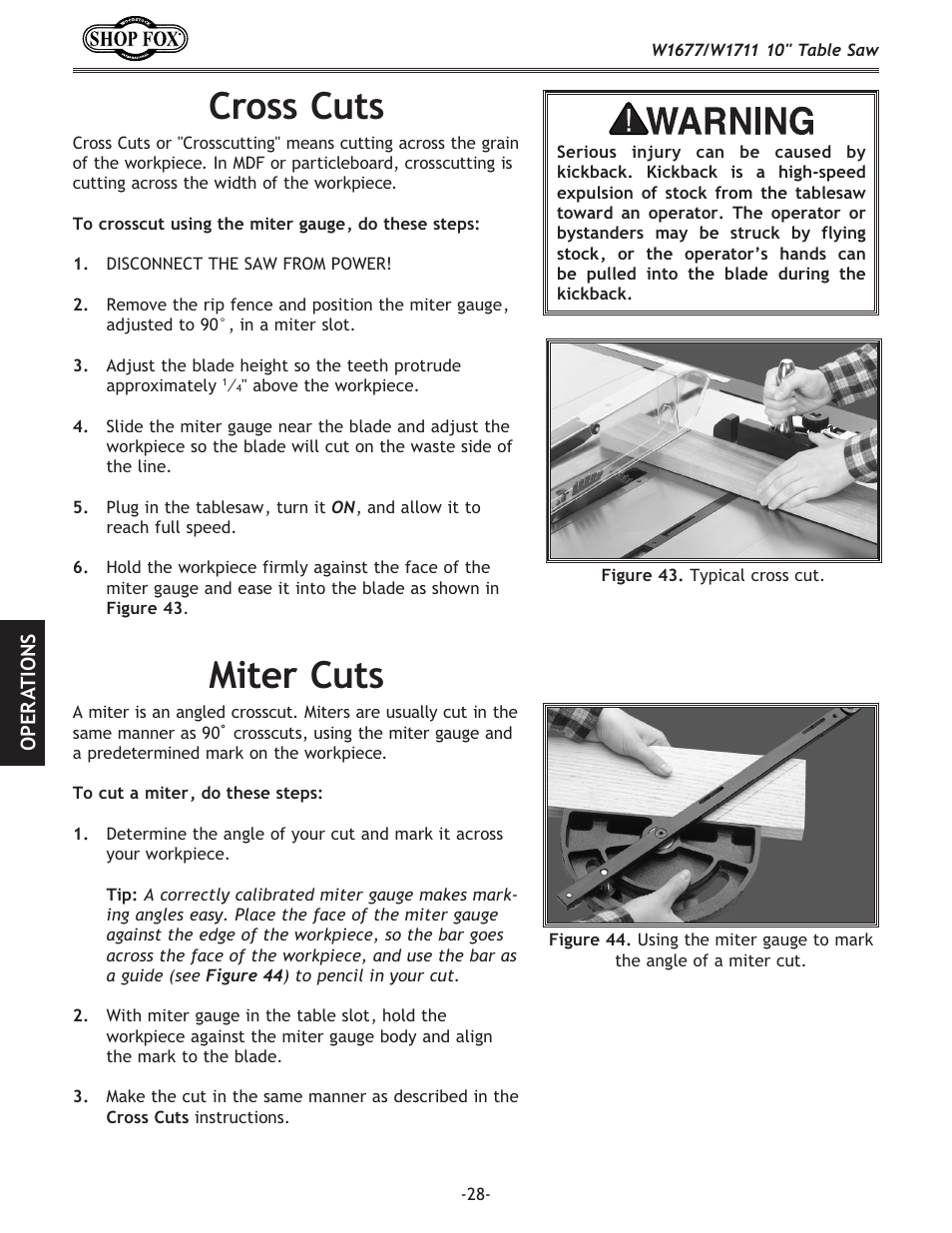 Cross cuts, Miter cuts | Woodstock SHOP FOX W1677 User Manual | Page 30 / 64