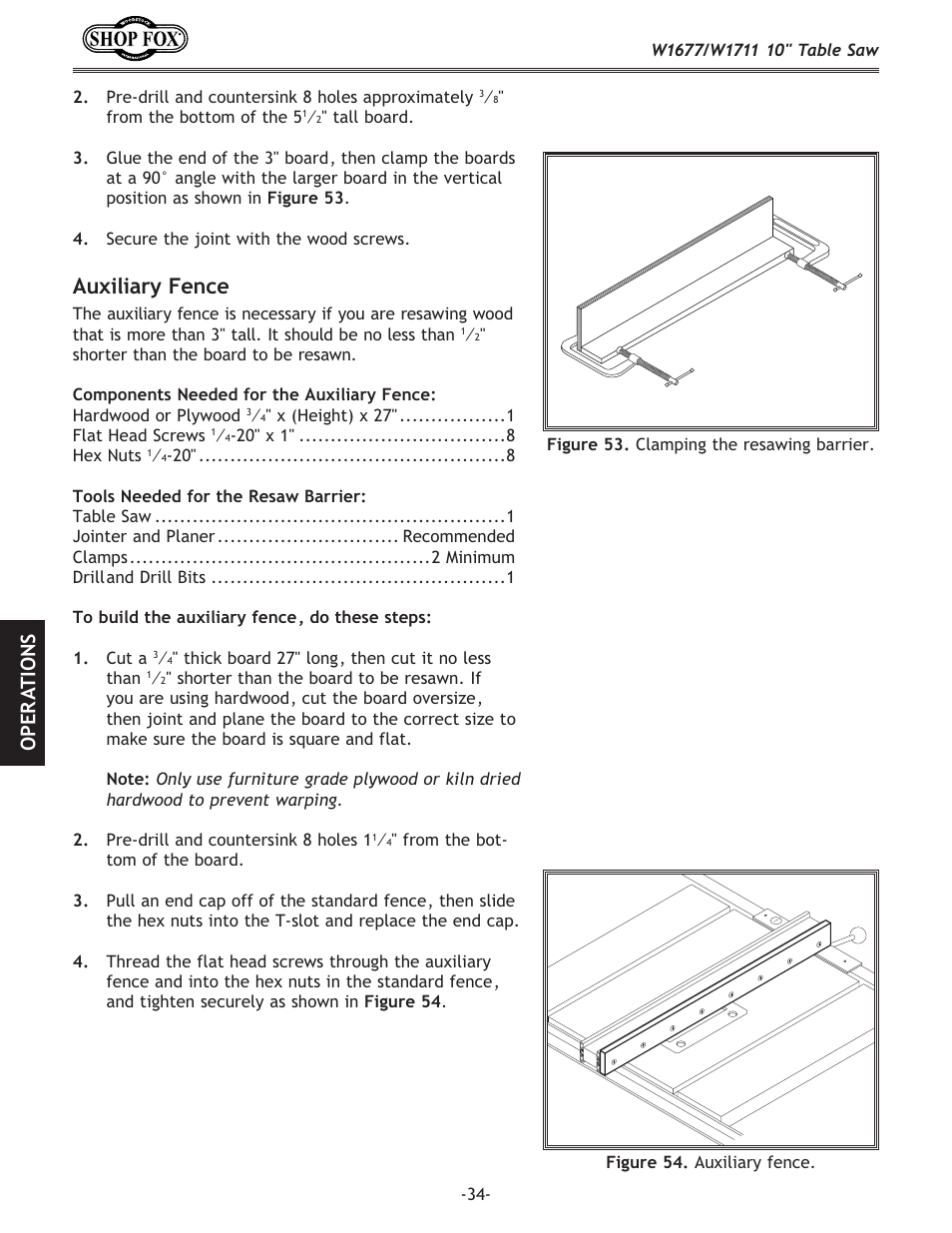 Auxiliary fence, Ope r at io n s | Woodstock SHOP FOX W1677 User Manual | Page 36 / 64