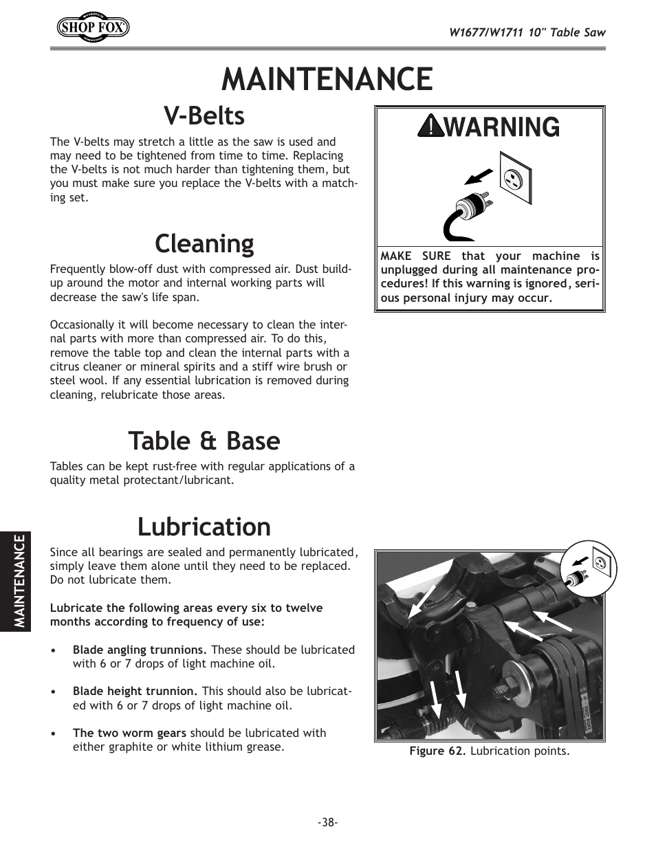 Maintenance, Lubrication, Table & base | Cleaning, V-belts | Woodstock SHOP FOX W1677 User Manual | Page 40 / 64