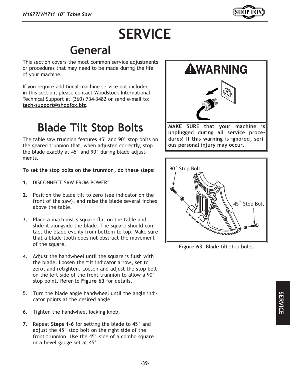 Service, General, Blade tilt stop bolts | Woodstock SHOP FOX W1677 User Manual | Page 41 / 64