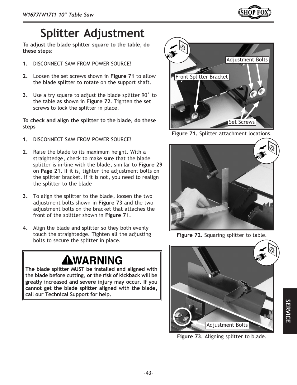 Splitter adjustment | Woodstock SHOP FOX W1677 User Manual | Page 45 / 64