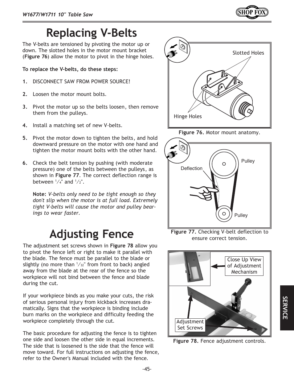 Replacing v-belts, Adjusting fence | Woodstock SHOP FOX W1677 User Manual | Page 47 / 64