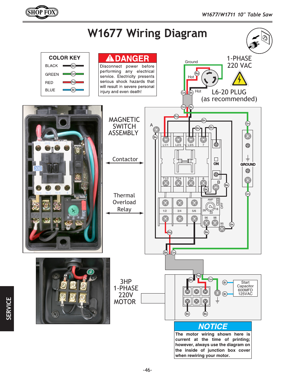 W1677 wiring diagram, Se rv ic e | Woodstock SHOP FOX W1677 User Manual | Page 48 / 64