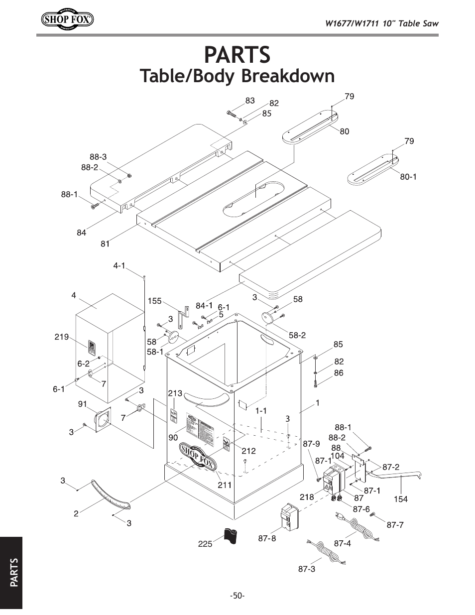 Parts, Table/body breakdown | Woodstock SHOP FOX W1677 User Manual | Page 52 / 64