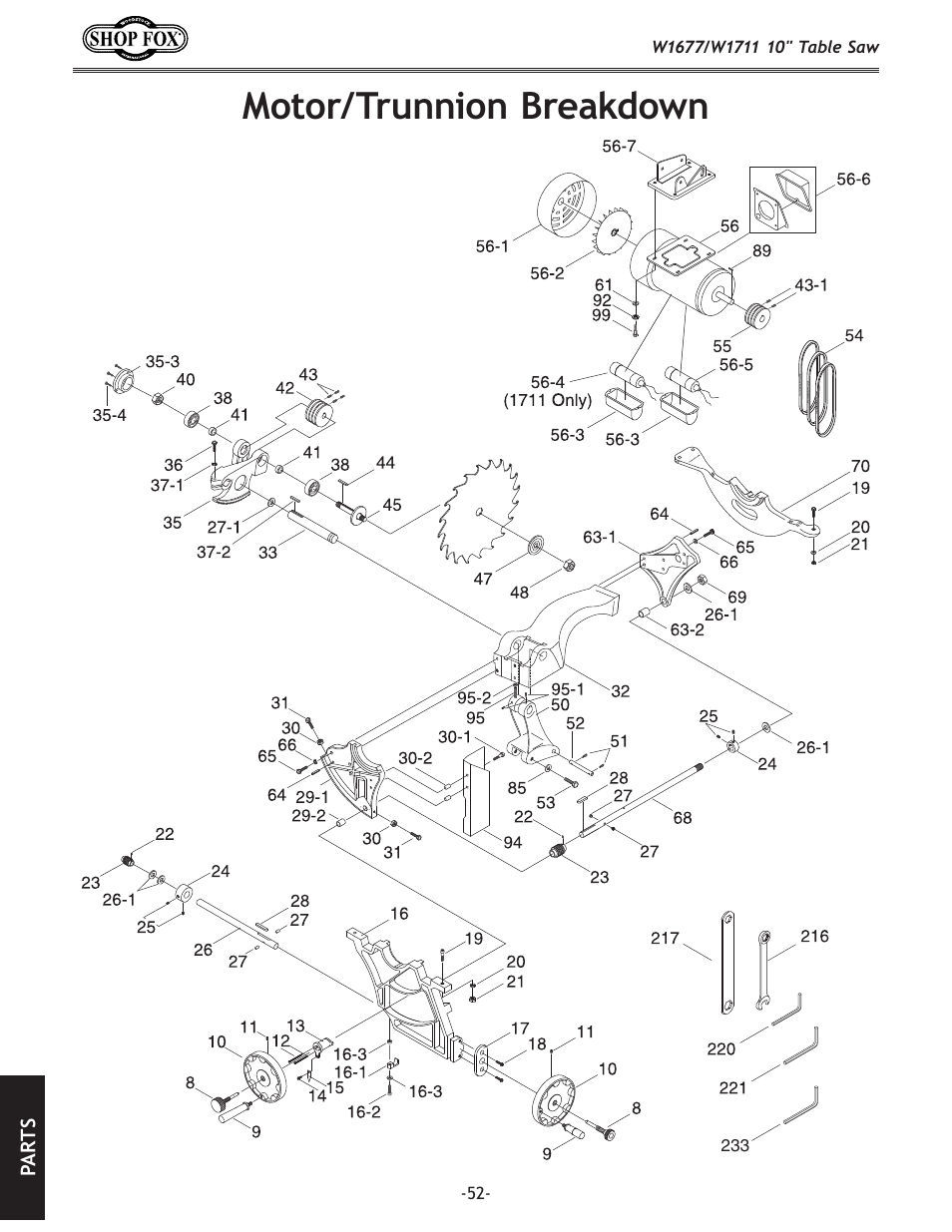 Motor/trunnion breakdown | Woodstock SHOP FOX W1677 User Manual | Page 54 / 64