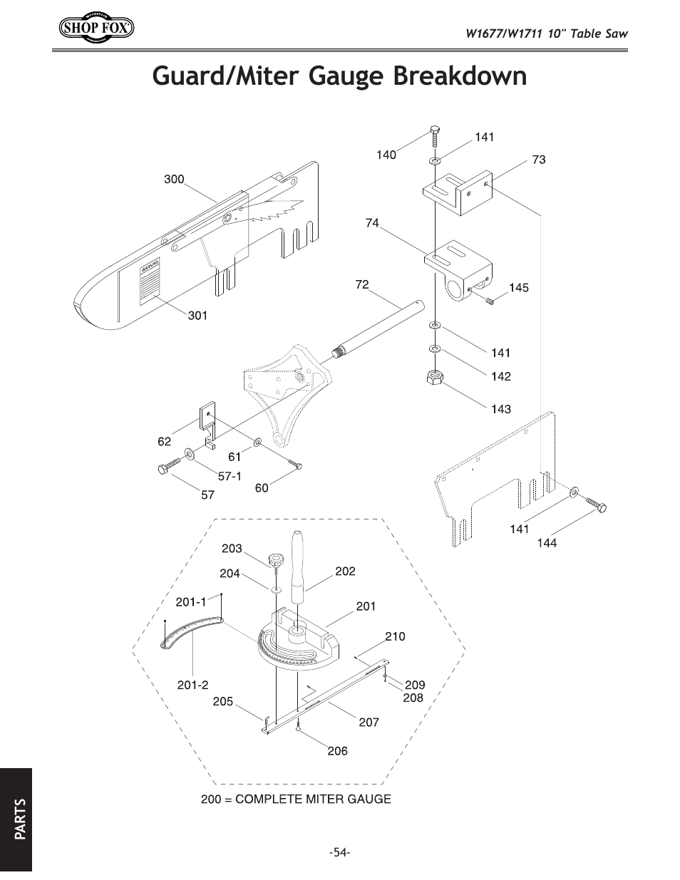 Guard/miter gauge breakdown | Woodstock SHOP FOX W1677 User Manual | Page 56 / 64