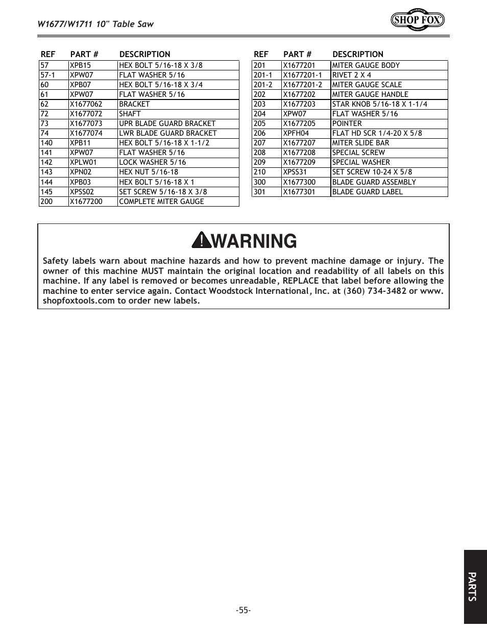 Pa rt s | Woodstock SHOP FOX W1677 User Manual | Page 57 / 64