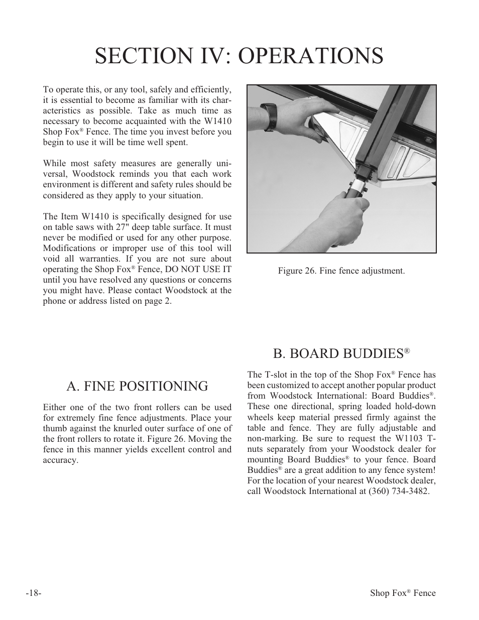 B. board buddies, A. fine positioning | Woodstock Shop Fox Fence W1410 User Manual | Page 19 / 29