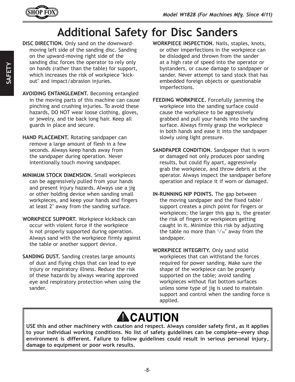 Additional safety for disc sanders | Woodstock W1828 User Manual | Page 10 / 36