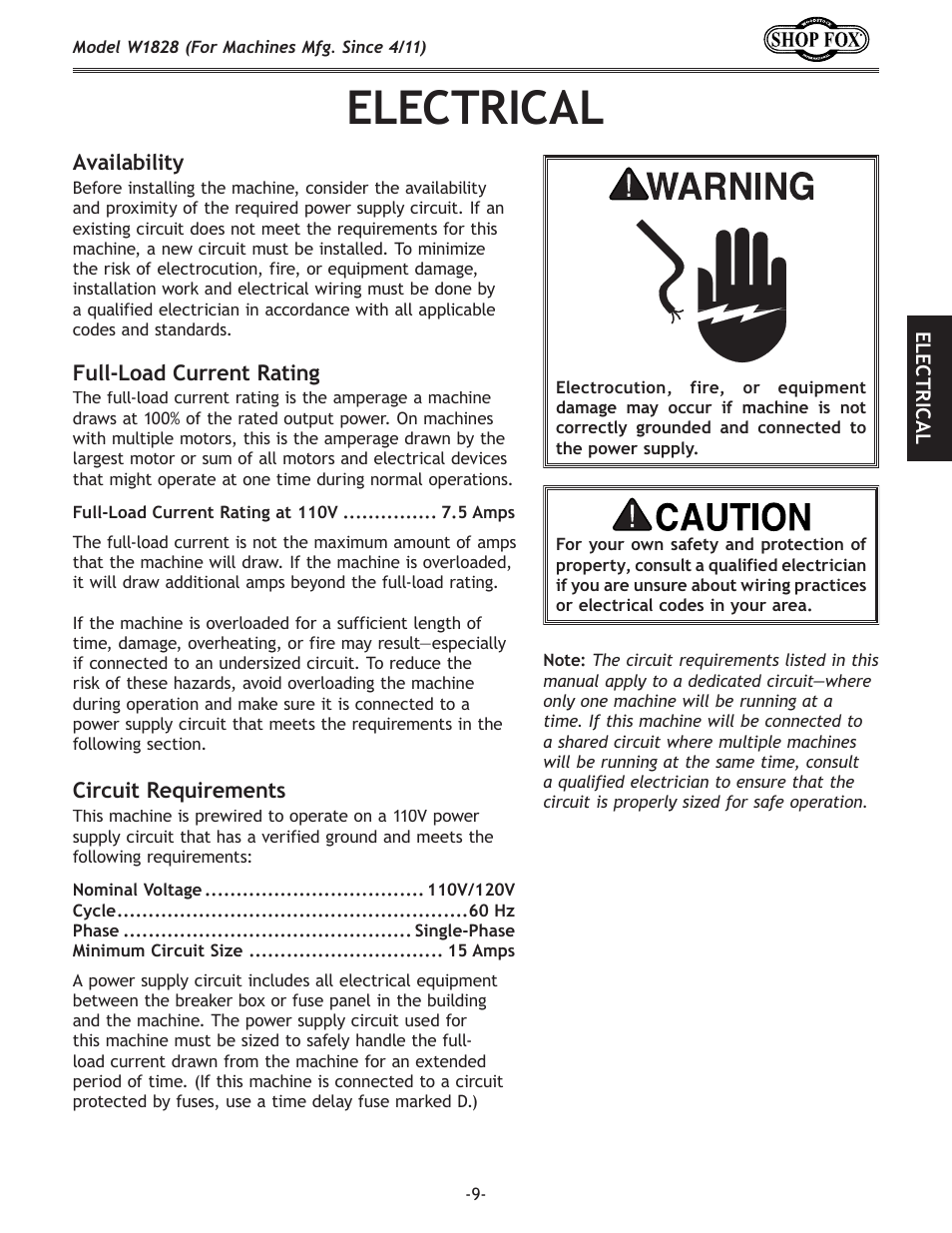 Electrical | Woodstock W1828 User Manual | Page 11 / 36