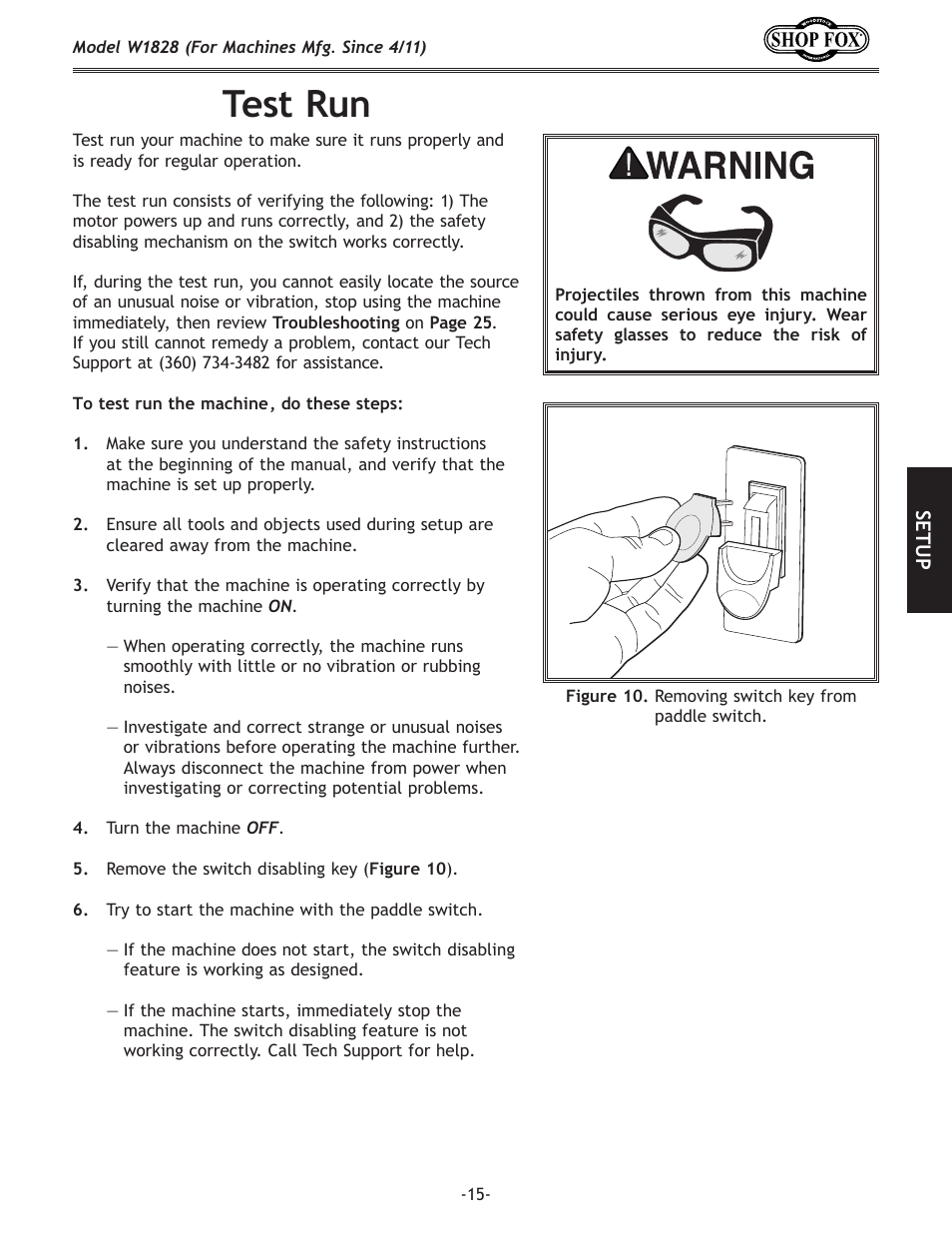 Test run | Woodstock W1828 User Manual | Page 17 / 36