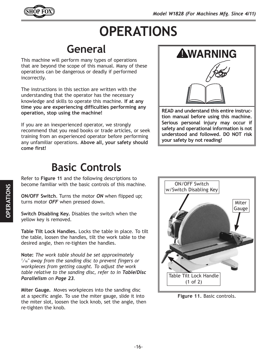 Operations, General, Basic controls | Woodstock W1828 User Manual | Page 18 / 36