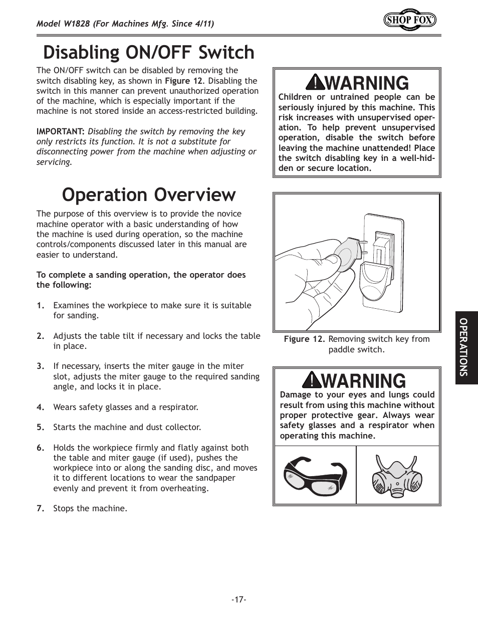 Disabling on/off switch, Operation overview | Woodstock W1828 User Manual | Page 19 / 36