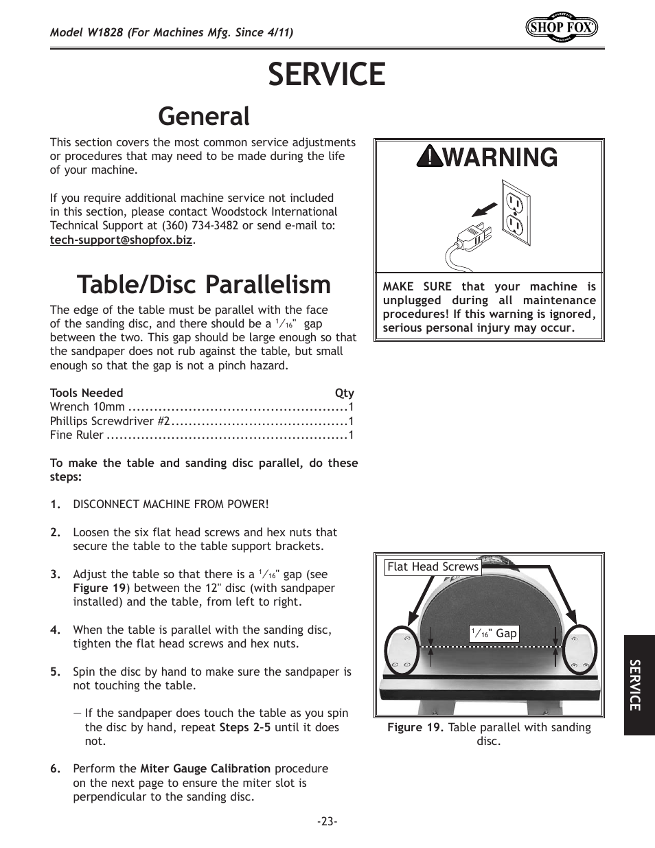 Service, General, Table/disc parallelism | Woodstock W1828 User Manual | Page 25 / 36