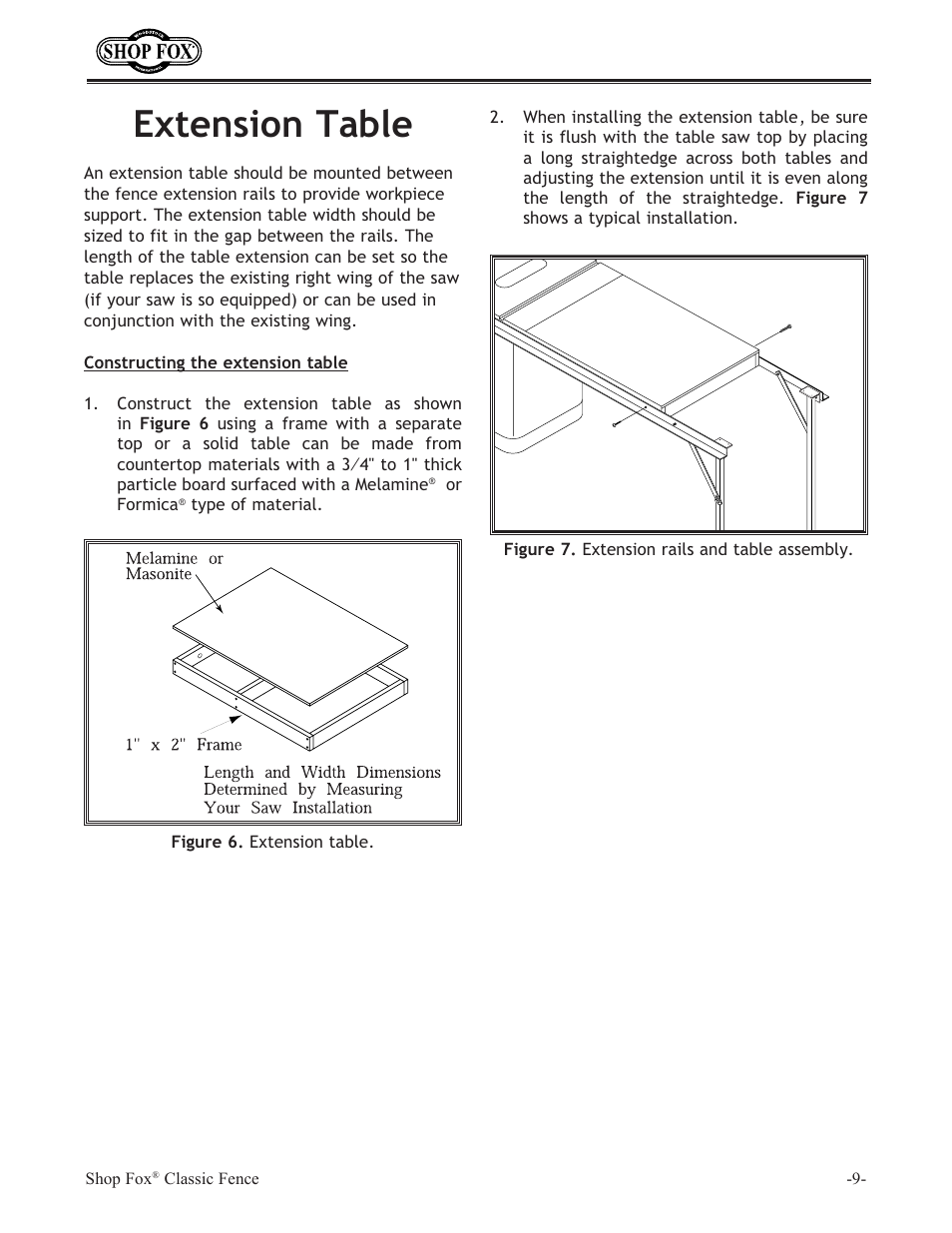 Extension table | Woodstock International Shop Fox Classic Fence W2005 User Manual | Page 11 / 24