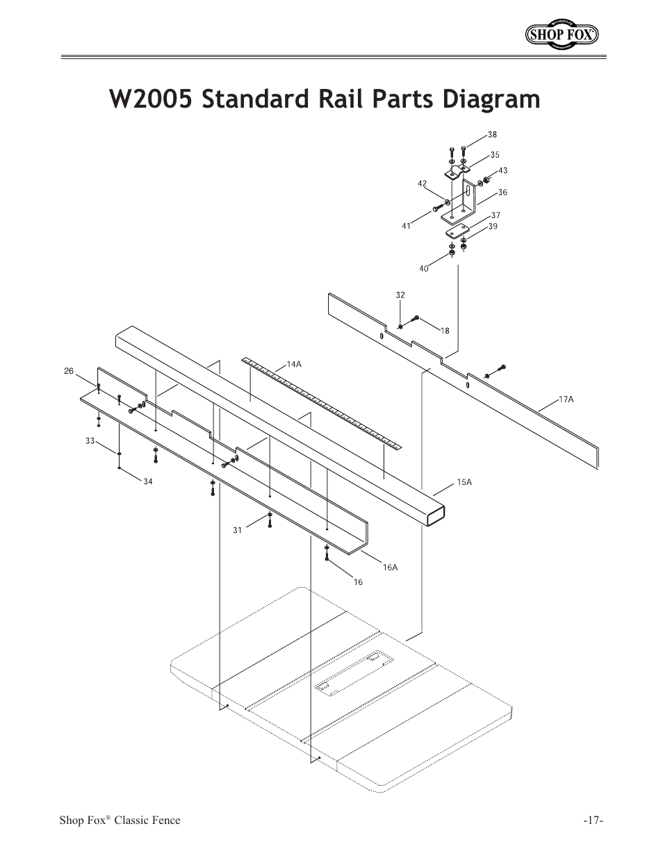 W2005 standard rail parts diagram | Woodstock International Shop Fox Classic Fence W2005 User Manual | Page 19 / 24