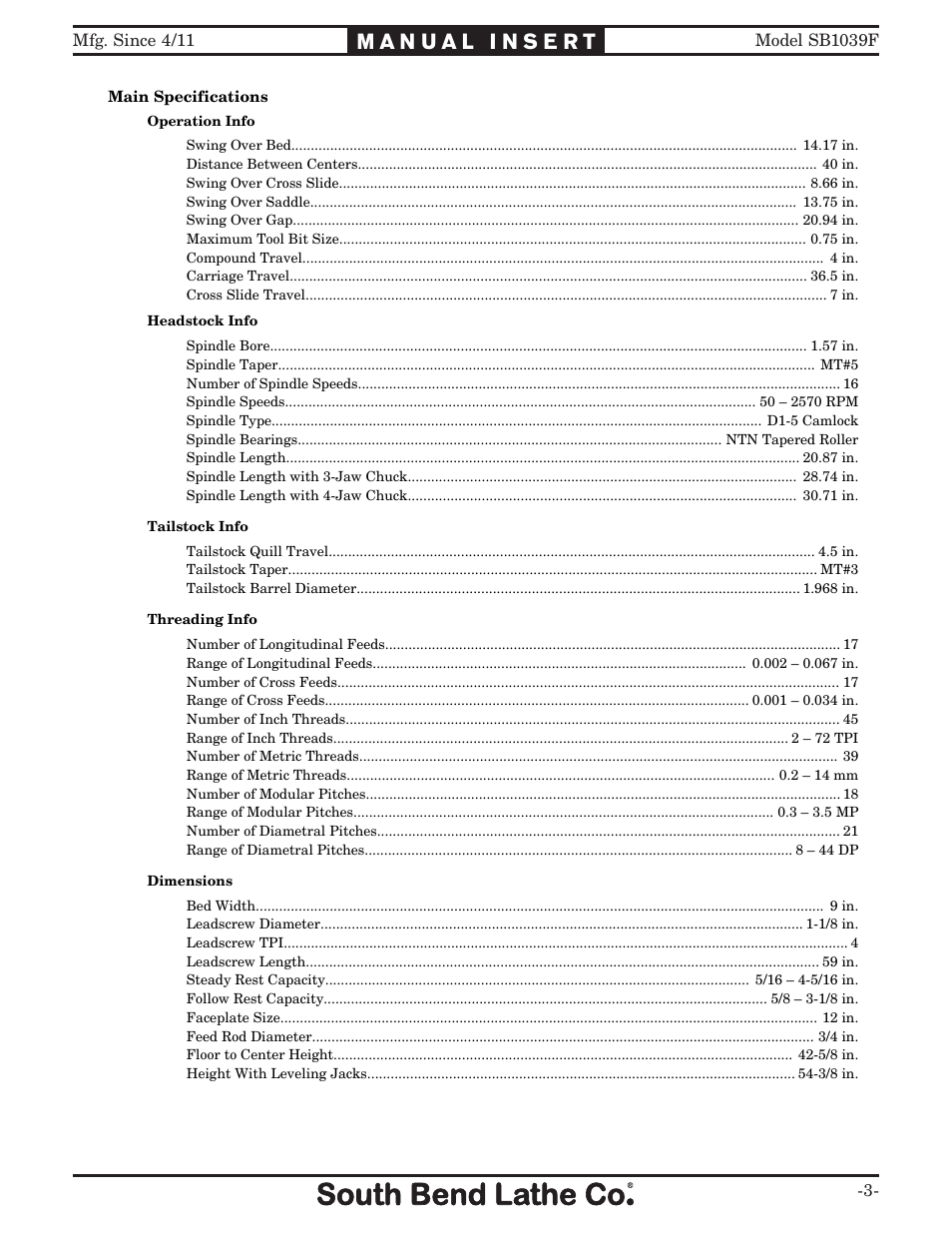 Woodstock SB1039F User Manual | Page 3 / 136