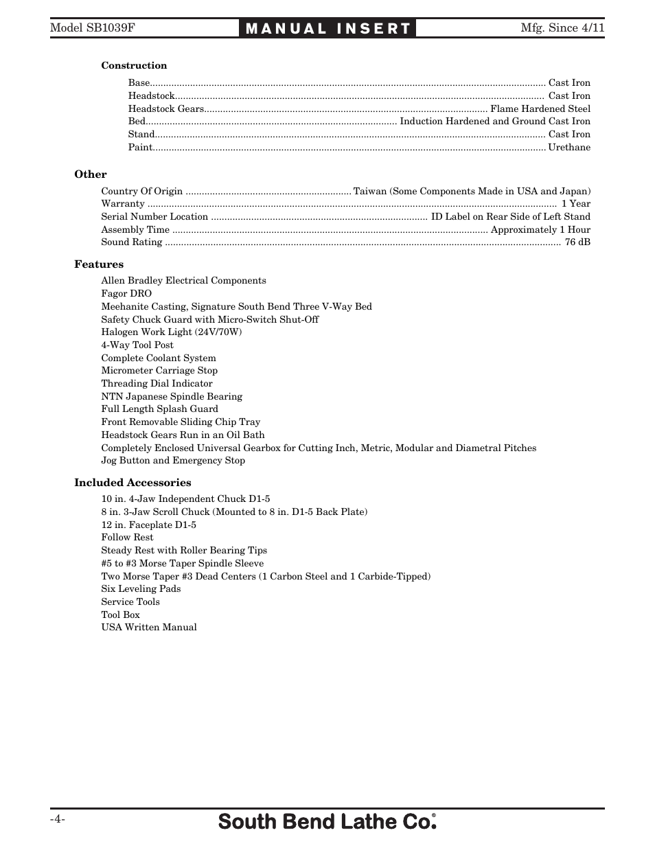 Woodstock SB1039F User Manual | Page 4 / 136