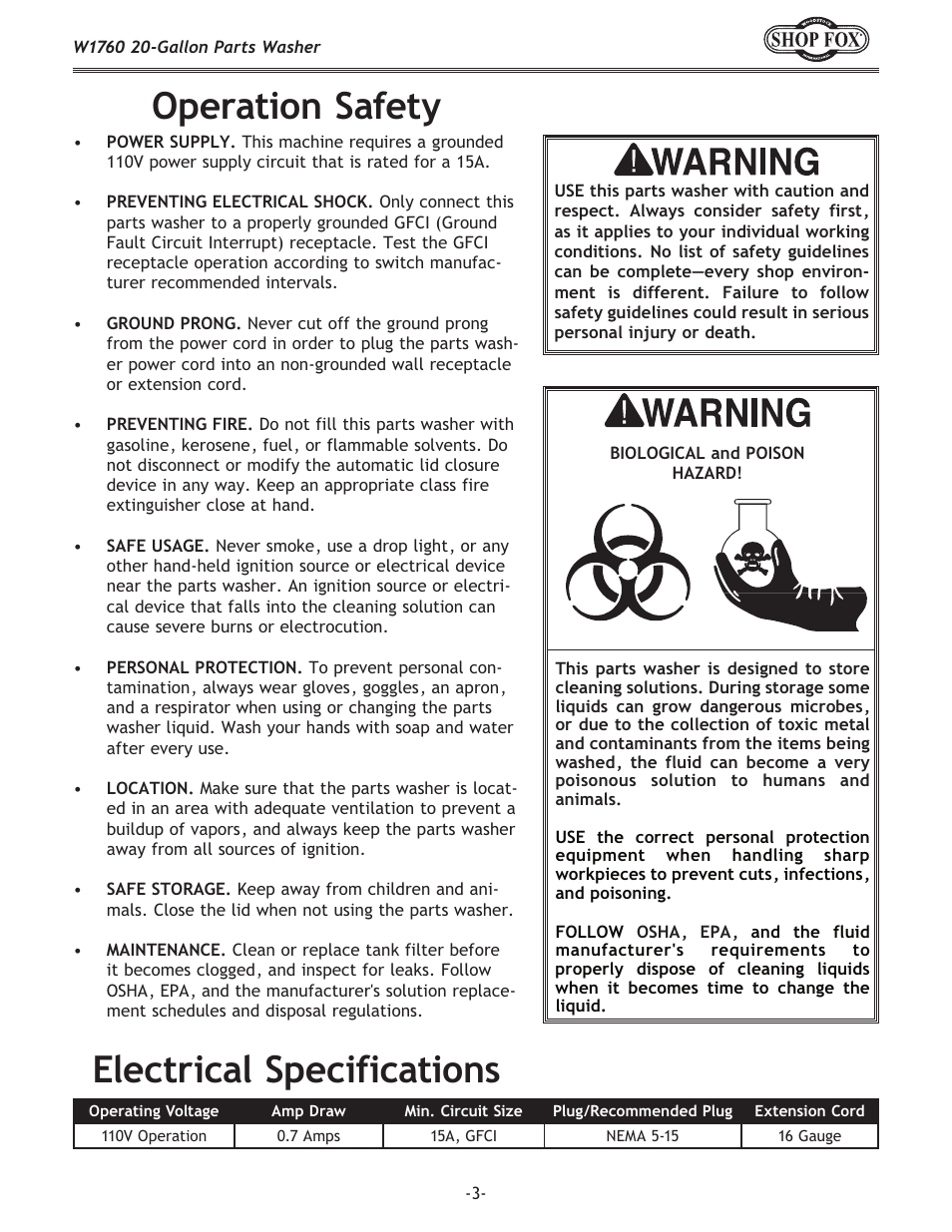 Electrical specifications operation safety | Woodstock W1760 User Manual | Page 3 / 8