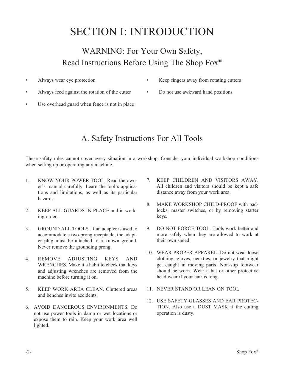 A. safety instructions for all tools | Woodstock THE SHOP FOX W1500 User Manual | Page 3 / 21