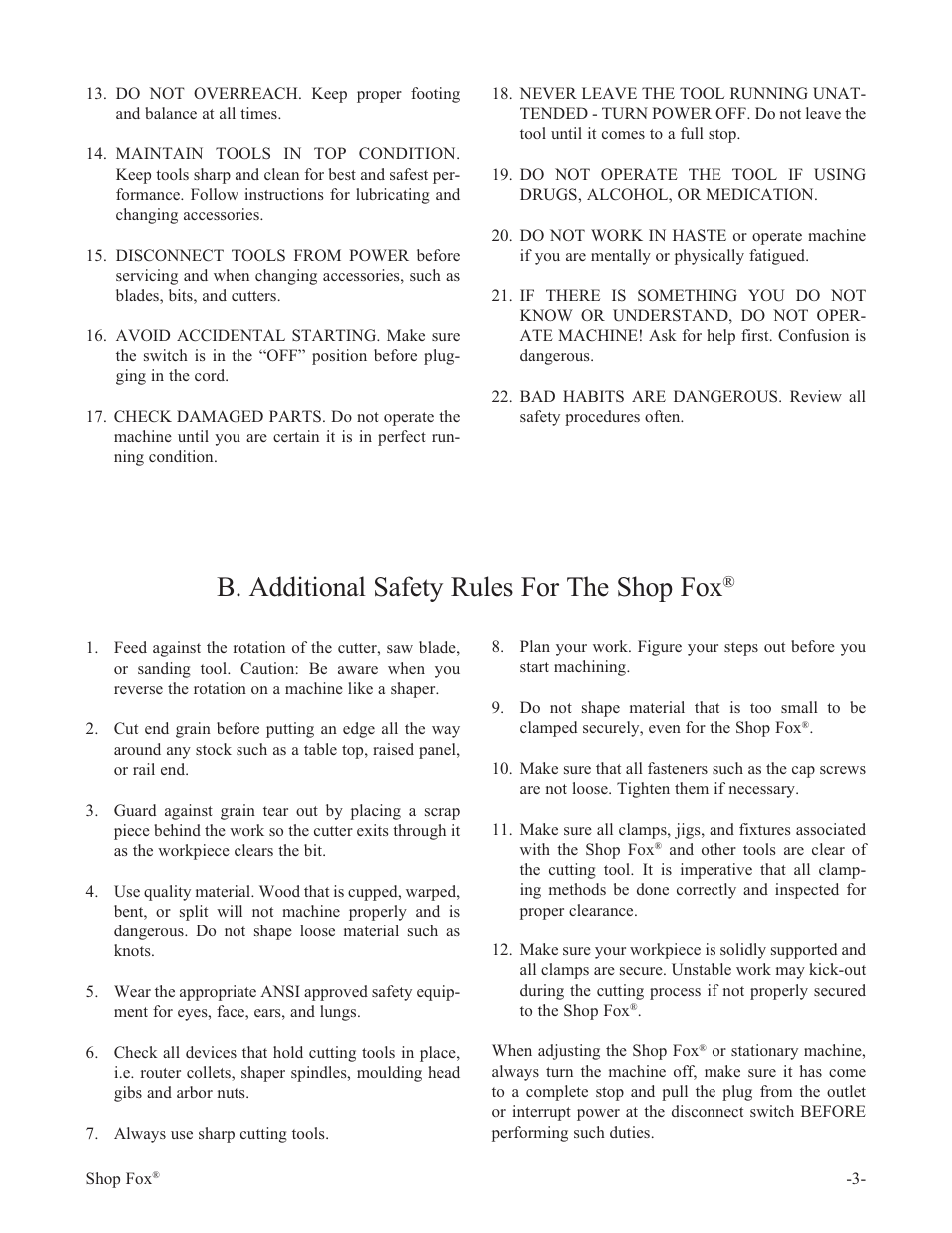 B. additional safety rules for the shop fox | Woodstock THE SHOP FOX W1500 User Manual | Page 4 / 21