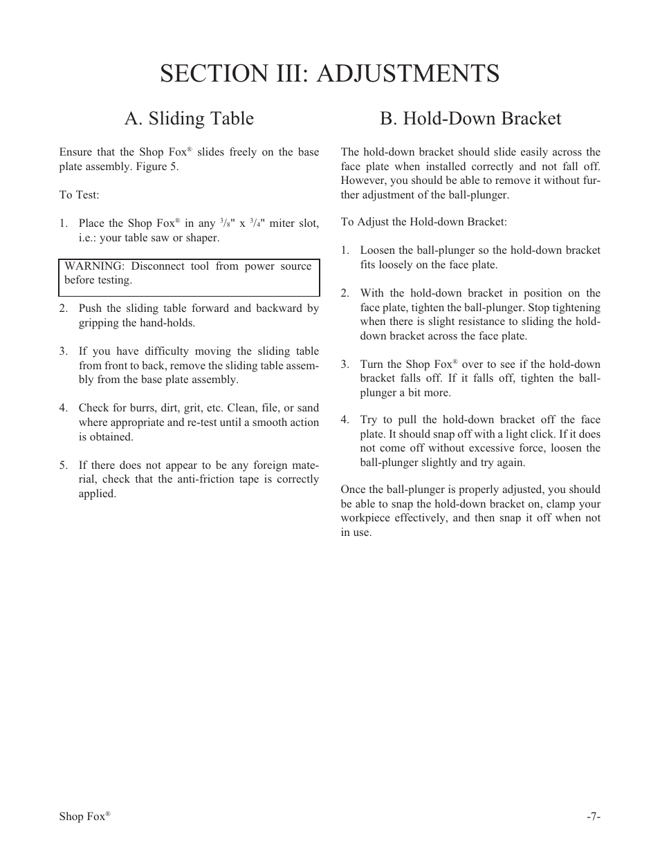 A. sliding table, B. hold-down bracket | Woodstock THE SHOP FOX W1500 User Manual | Page 8 / 21