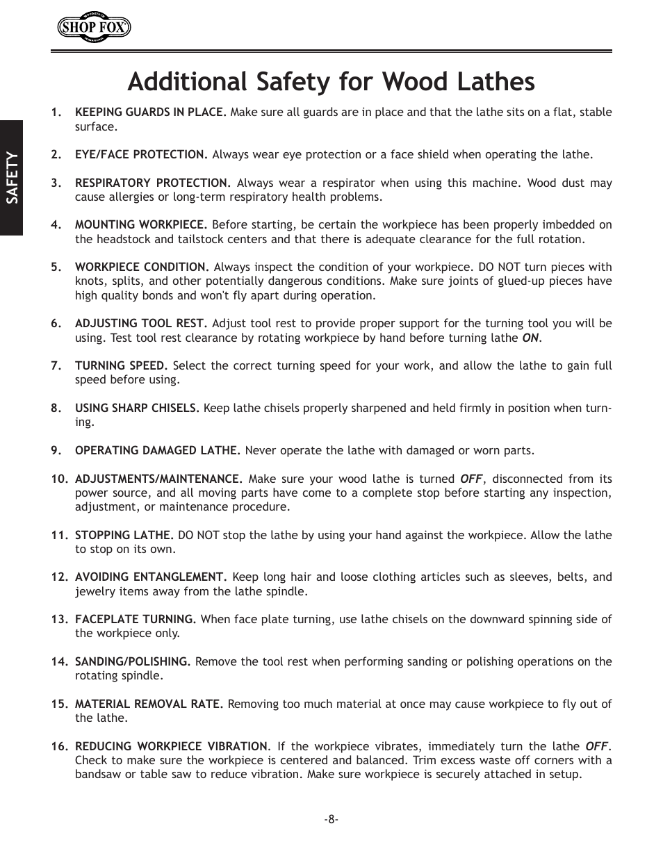 Additional safety for wood lathes | Woodstock SHOP FOX W1704 User Manual | Page 10 / 32